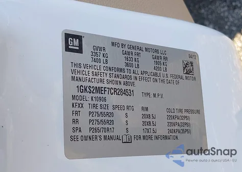 2012 GMC Yukon Xl 1500 Denali из США, поврежденный, VIN 1GKS2MEF7CR284531